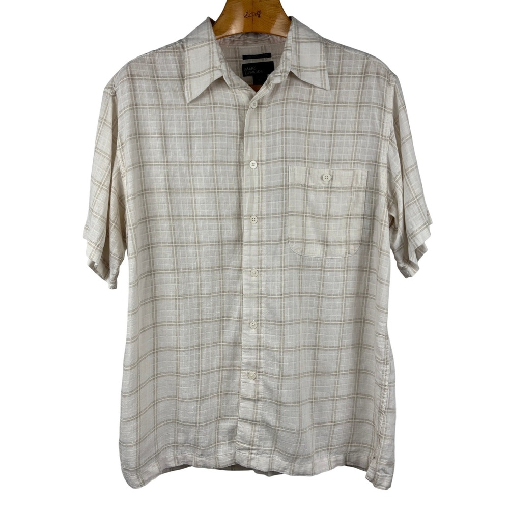 Marc Edwards Linen Shirt Mens XL Beige Plaid Short Sleeve Button Up